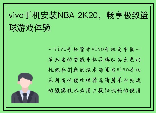 vivo手机安装NBA 2K20，畅享极致篮球游戏体验